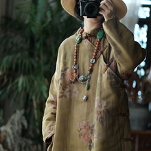 小泥姑娘原创棉麻女装文艺复古中式印花立领斜襟棉衣棉袍1459清芜