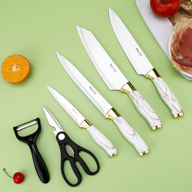 Gran por mayor mármol doble galvanoplastia seis piezas juegos de cuchillos de cocina tijeras cuchillos multifuncionales regalos