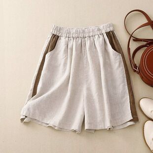 2025 Summer New Style Comfortable Cotton and Linen Splicing Contrasting Color Shorts Women's Loose Casual Slimming Elastic Five-Point Wide-Leg Pants