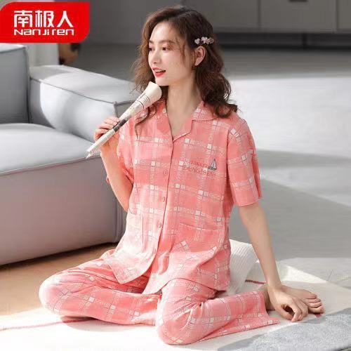 Pijamas de algodón para mujer verano Delgado a cuadros de manga corta más tamaño traje de algodón para el hogar