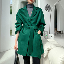 2022年冬季直筒双面羊绒大衣女中长款水波纹羊毛呢外套绿色赫本风