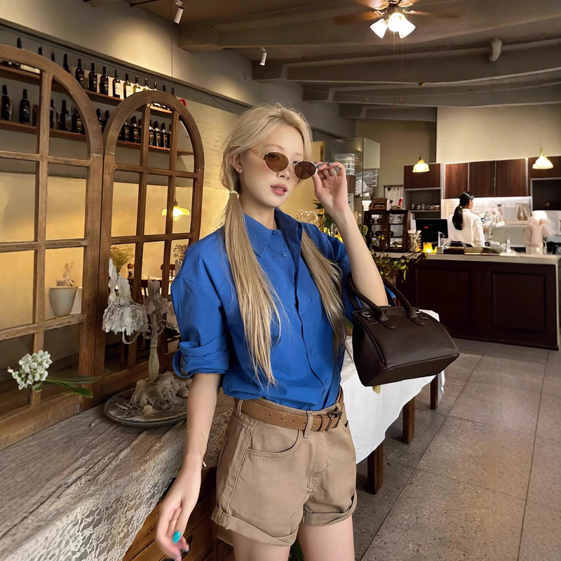 "Prussian Blue" Klein Blue Long-Sleeved Shirt Women's Korean Spring & Fall Shirt Design Top