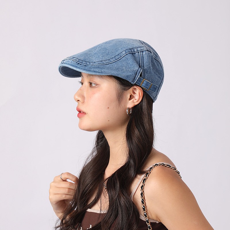 新款牛仔前进帽女复古水洗贝雷帽男时尚休闲百搭帽子四季款画家帽|undefined