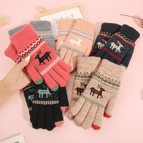 Touchscreen Glove for Women - Winter Korean Style, Street Vendor, Fleece Lined, Thick, Coldproof, Small Deer Knitted Warm Gloves