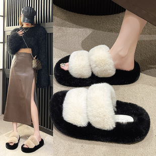 2023 Mao Mao Slippers Women's Outer Wear Otter Imitation Rabbit Fur Thick Bottom Large Size Home Warm Moon Hot Foreign Trade Style