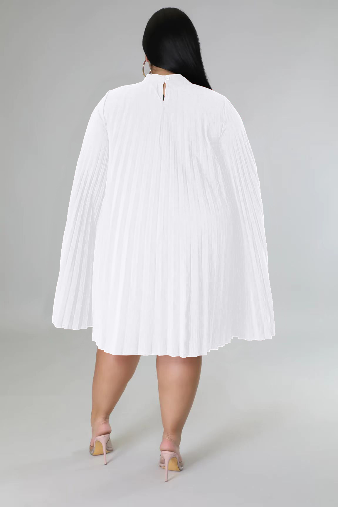 Fashion Solid Color Round Neck Long Sleeve Patchwork Polyester Plus Size Knee-Length Pleated Skirt