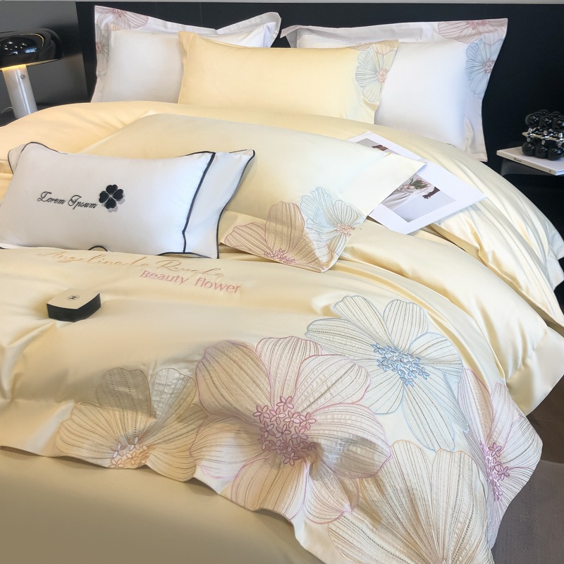 Cama de algodón de fibra larga de cuatro piezas 100 piezas de algodón puro, ropa de cama ligera de lujo de alta calidad, funda de edredón, ropa de cama bordada 4