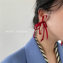 新年帶的耳環可愛紅色蝴蝶結水晶流蘇長款氣質韓國網紅顯白耳飾女