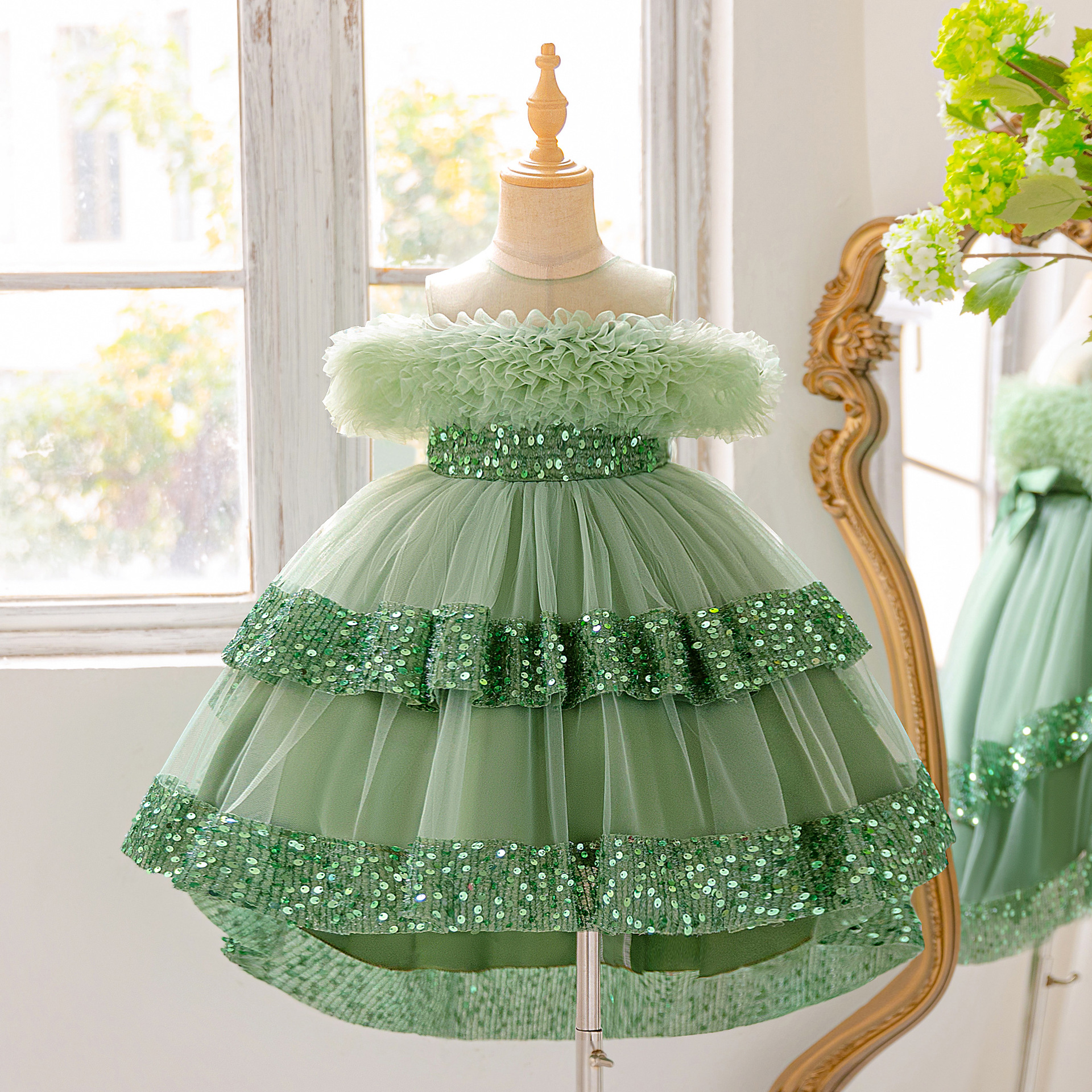 Vestido de novia de flores europeas y americanas princesa de hombro un anfitrión de niños vestido de piano vestido vestido de noche