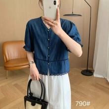 文艺韩版 夏季新品纯色小个子宽松v领百搭牛仔短袖衬衫女打底衫