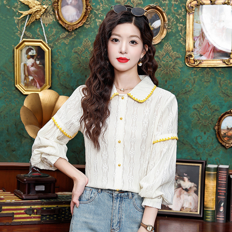 翻领灯笼袖长袖衬衫女2025春秋季新款宽松减龄上衣复古打底衫衬衣|undefined