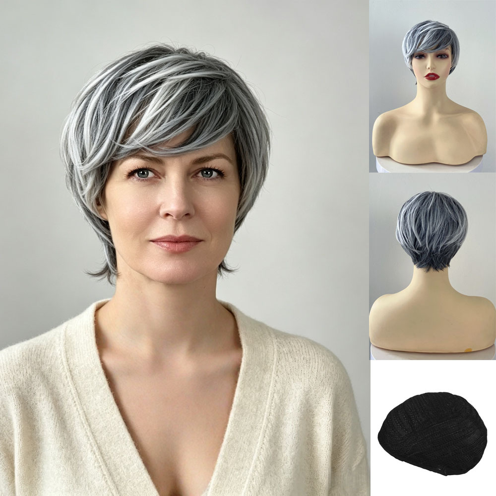 Amazon nueva peluca femenina de moda europea y americana pelo corto recto teñido en blanco y negro color mezclado fibra química Pelo Corto sombrero femenino transfronterizo image 3
