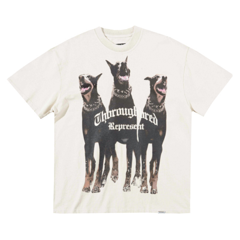Represrep杜賓犬水洗いして古いアメリカのファッションブランドのヴィンテージのレトロなサメの半袖のtシャツの男をします。|undefined