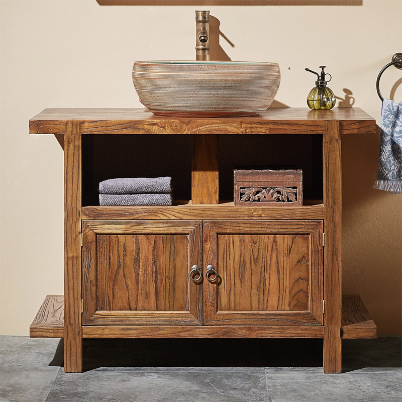 Outdoor Old Elm Wood Washbasin Storage Cabinet, Solid Wood Washbasin, Washstand, Bathroom Combination, Floor-Standing Wash Cabinet