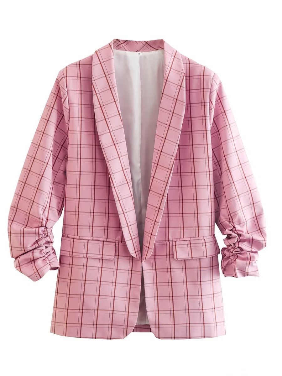 pleated plaid long sleeve lapel blazer NSXDX137500