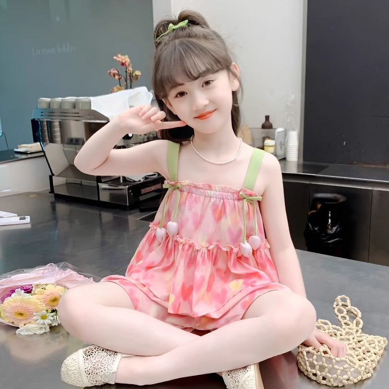 Moda estiva per bambine 2024 Nuovo top con spalline per bambole, pantaloni a gamba larga, set da due pezzi per bambini di taglia media e grande_voghion.com