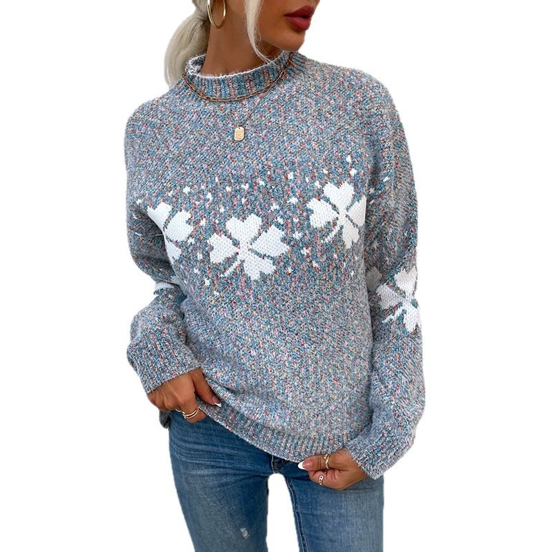 Mao mao yu 2023 otoño e invierno nuevo suéter de navidad europeo y americano de las mujeres casual comercio exterior de las mujeres medio cuello alto suéter de copo de nieve