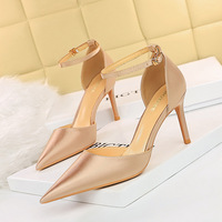 3091-1 contracted hollow shoes high heel with shallow pointed mouth silk one word with hollow out sandals women's shoes