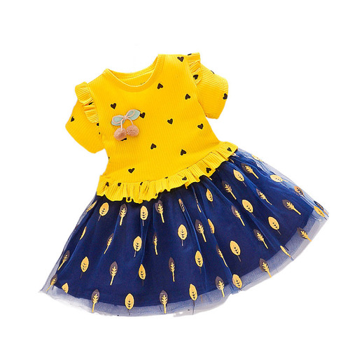 Children's dress spring and autumn fashion new children's clothing girls' spliced flower net skirt baby love princess skirt 
