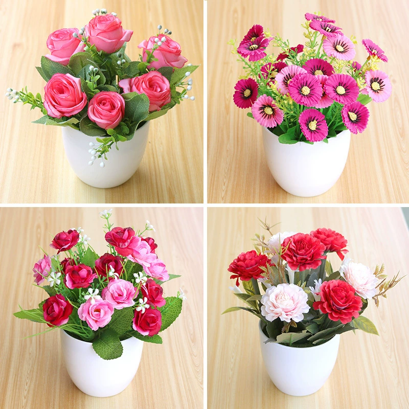 Настольное украшение шелковых цветов моделирование зеленого растения пластиковые накладные цветы в горшке Внутреннее и наружное украшение дома Роза бонсай оптом