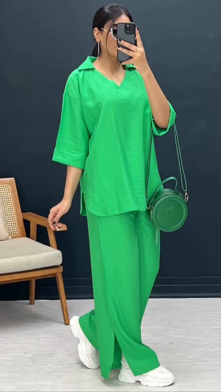 Casual Solid Color Pants Sets Polyester Slit Pants Sets Two-piece Sets display picture 3