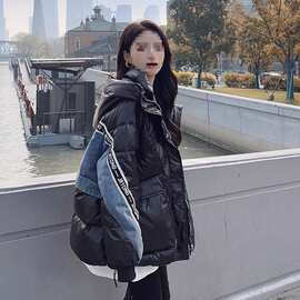 牛仔撞色拼接小众设计感黑色棉服女冬季2026年新款韩系超好看外套