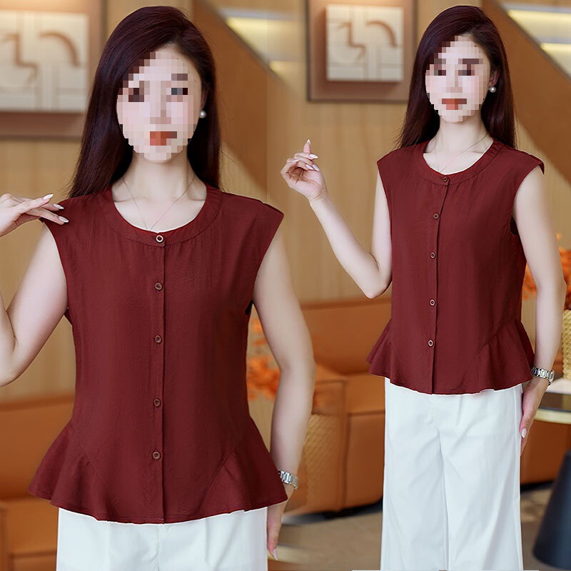 Elegant Korean-style round-neck sleeveless shirt for women, 2026 summer new fashion, slimming, versatile, and age-reducing blouse