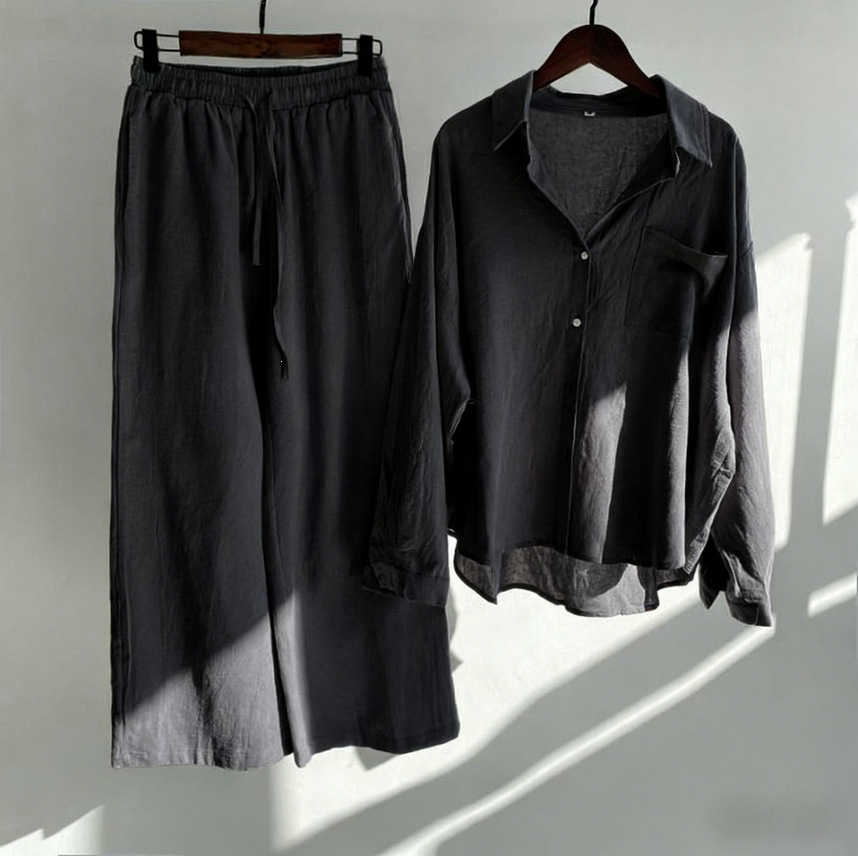Women's Clothing Women's Retro Plus Size Cotton Linen Shirt Set High Waisted Loose Fitting Trousers Two Piece Set 20 Colors_ecoleips.com