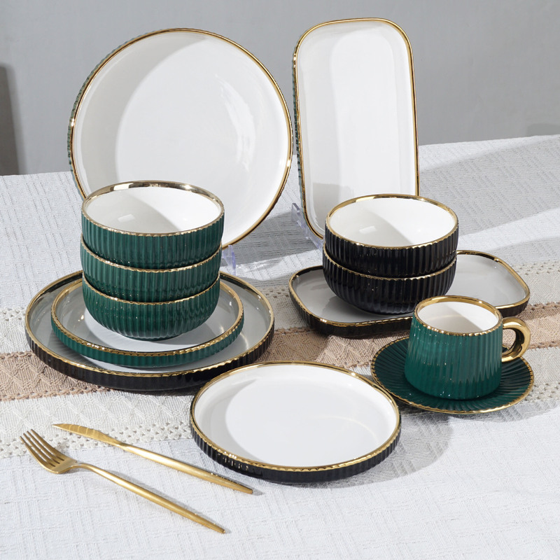 4-Person Dining Set Cross-Border Ins22 Luxury Cup and Bowl Set for Home Use, 6-Person Ceramic 32-Piece Tableware Set Emerald Green