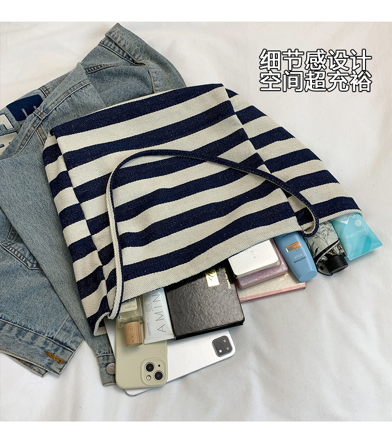 Laid-back striped canvas bag, Korean ins artistic color-blocking tote bag, large-capacity single-shoulder bag, shopping bag, large bag undefined