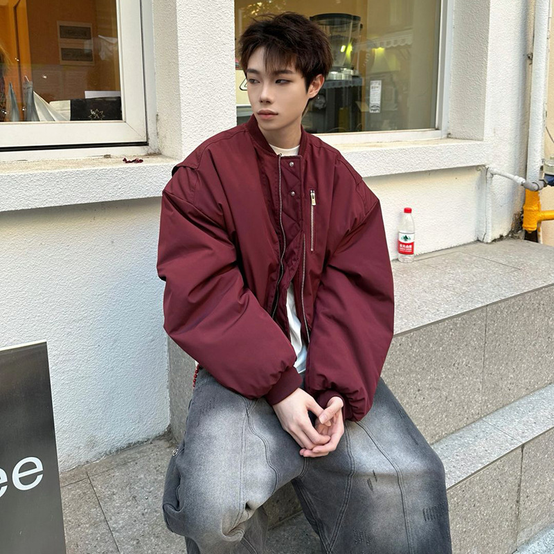 Burgundy Short Bomber Cotton Jacket Men's Autumn and Winter Silhouette Pilot Loose Versatile Cleanfit Jacket