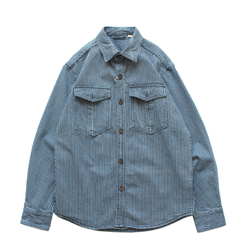 Vintage-Jeanshemd für Herren – Schweres, gestreiftes Langarm-Freizeithemd mit zwei Taschen, lockerer Passform, Polyester-Mischgewebe_voghion.com