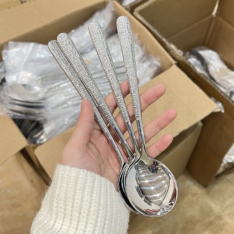 家庭用ステンレススプーン ハンマーパターンスプーン 大人用食事スプーン レストランロングハンドルテーブルスプーン 韓国ハンマーパターンスプーン|undefined