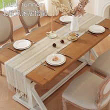 跨境美式桌旗棉麻餐桌布艺手工流苏茶几桌垫家居茶席现货批发茶台