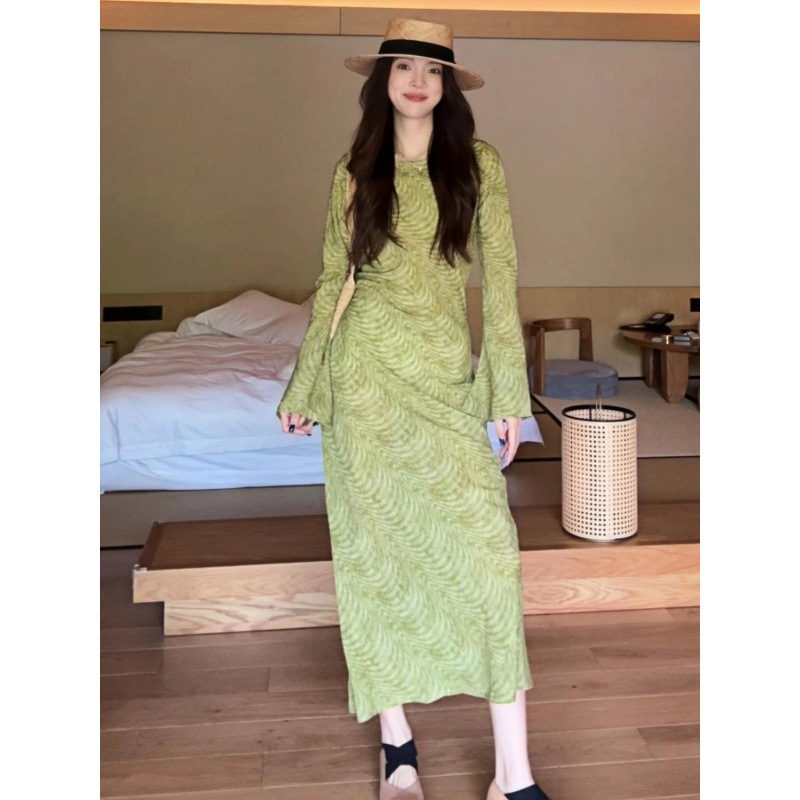法式复古印花长袖连衣裙女2025夏季薄款高级感气质显瘦修身长裙子|undefined