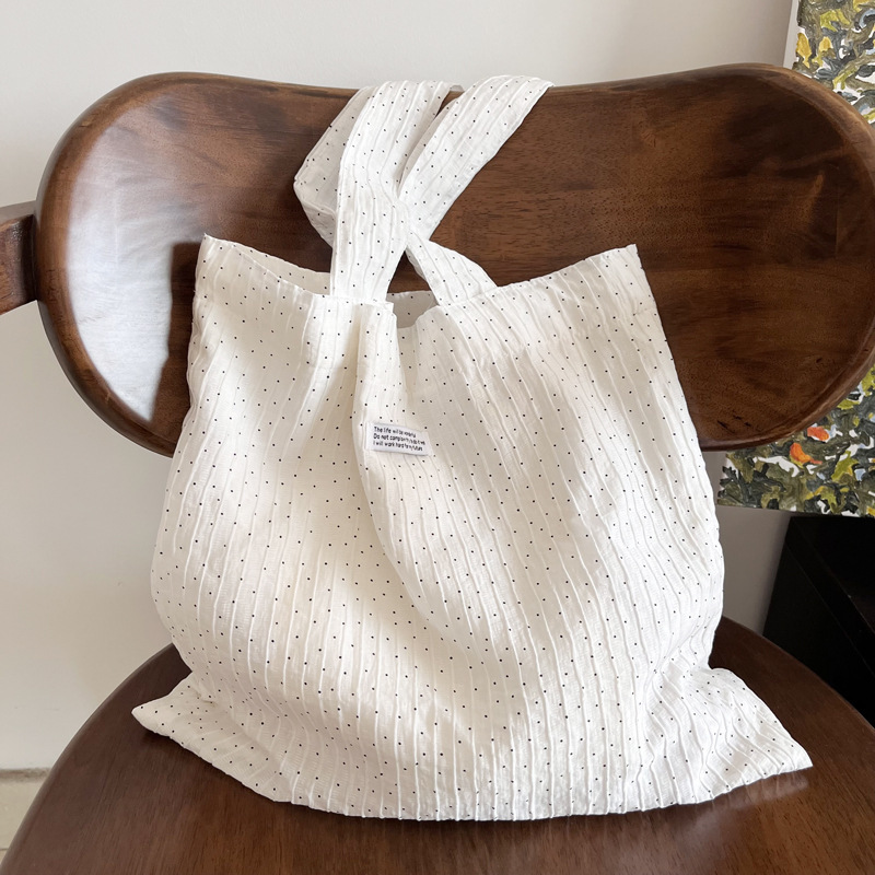 Spring and Summer New Tencel Texture Crepe Classic Polo Dot Printed Niche Shoulder Bag Ins Lazy Style White Canvas Bag