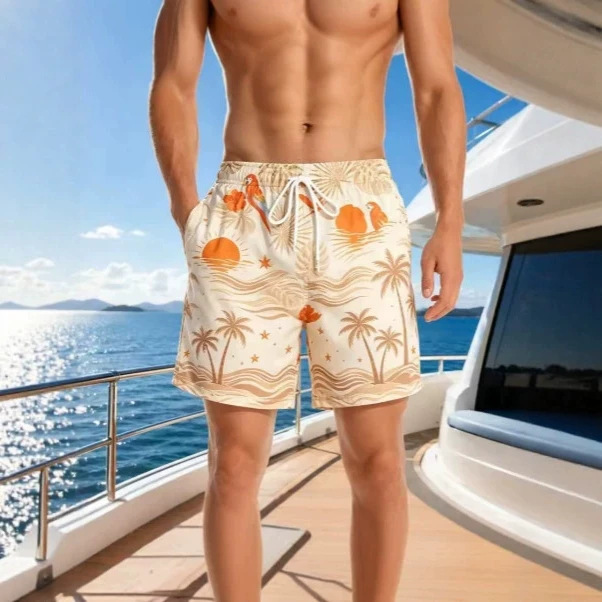 【Cross-border 3D Design】New 3D Printed Tropical Plant Pattern Beach Shorts for Men, Coconut Tree Shorts for Summer