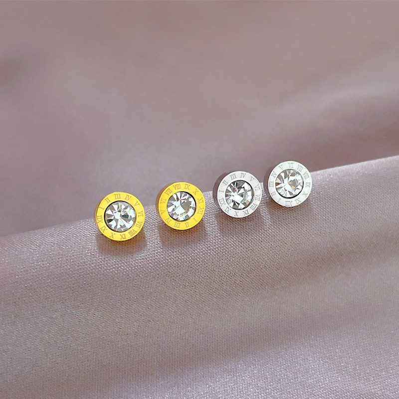 1 Pair Simple Style Round Number Plating Inlay Titanium Steel Zircon Ear Studs display picture 5