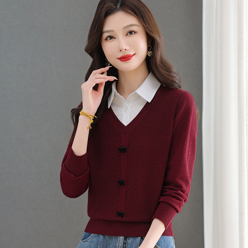 专柜羊毛女2025秋季新款衬衣领针织打底衫妈妈羊绒毛衣假两件上衣
