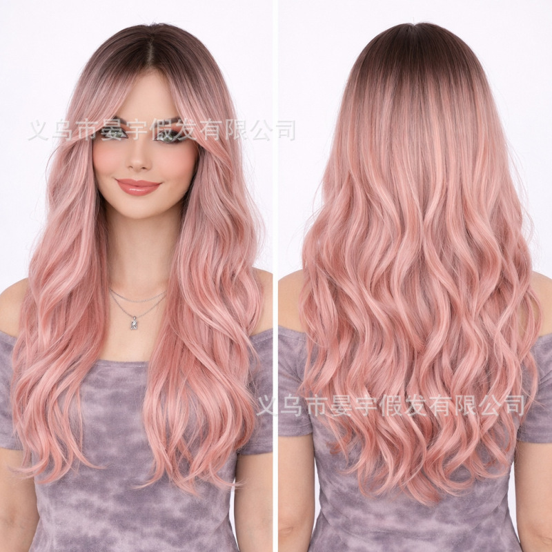 Black Gradient Dyed Long Curly Wig for Women, Stylish Big Waves, Realistic Natural Fashion Dyed Full Head Wig