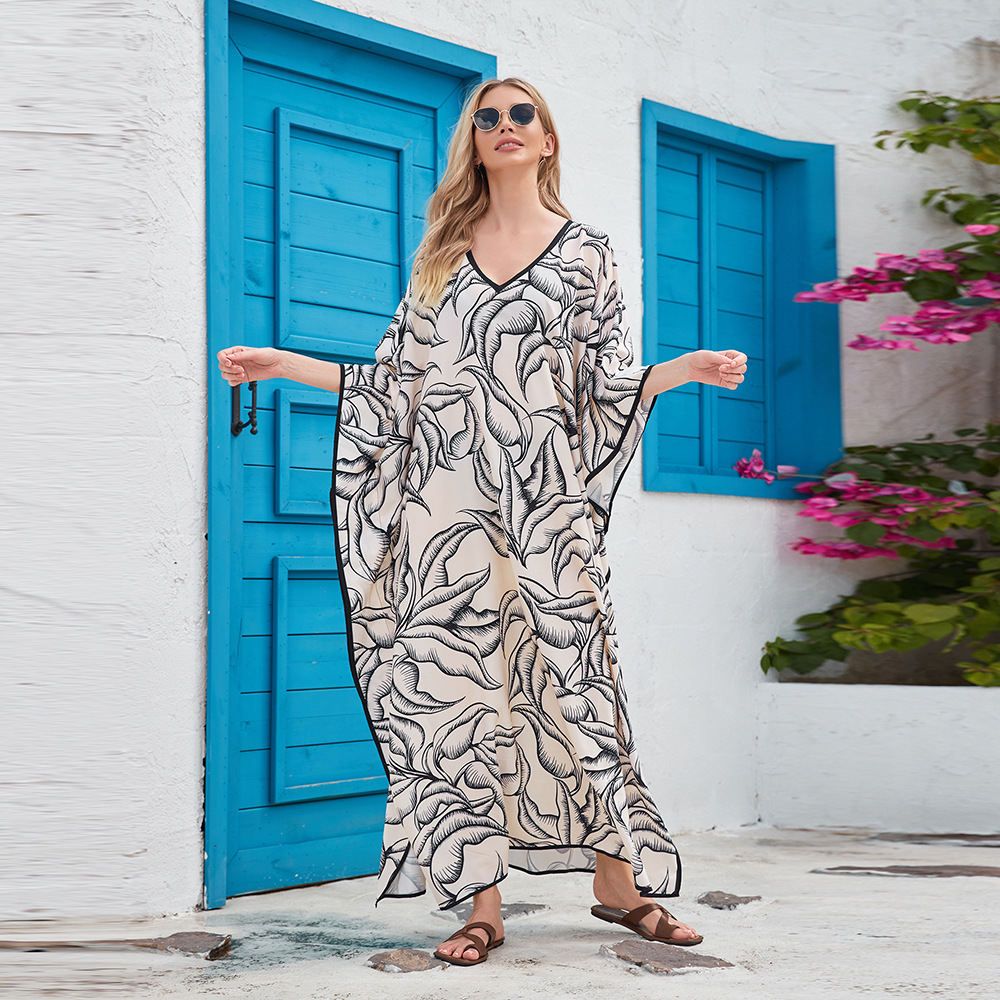 Transfronterizo europeo y americano nuevo impreso con cuello en V playa blusa suelta traje de vacaciones bikini blusa 3909