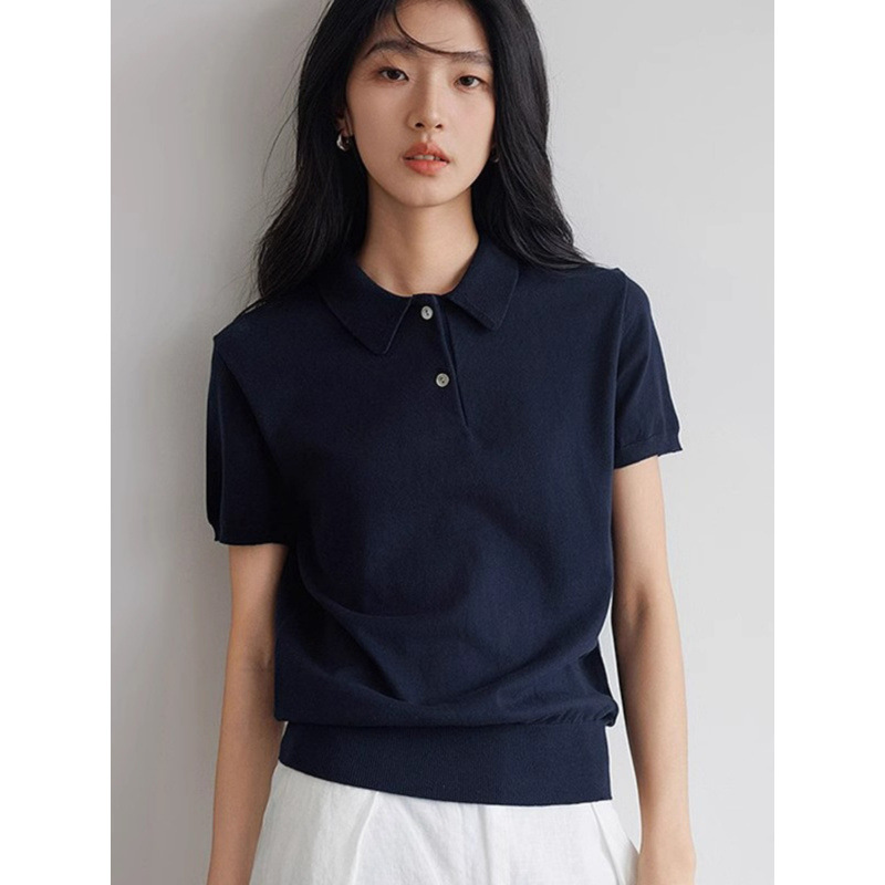 Ice Silk Knitted Polo Shirt Shoulder T-Shirt Women's Short-sleeved 2025 Summer New Niche Unique Chic Lap Top Ice Silk Knitted Polo Shirt Shoulder T-Shirt Women's Short-sleeved 2025 Summer New Niche Unique Chic Lap Top