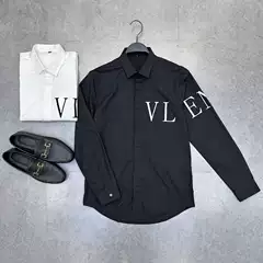 Men's new European station letter flocking shirt fashion business slim white casual shirt B1CAD2009