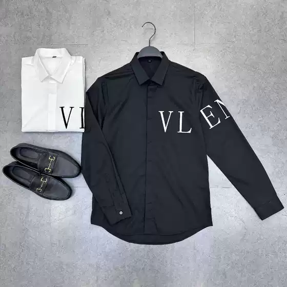 Men's new European station letter flocking shirt fashion business slim white casual shirt B1CAD2009