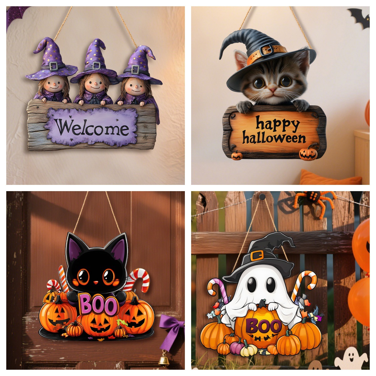 跨境万圣节紫色女巫小姐妹木质门牌挂饰复古节日装扮挂件门廊挂牌