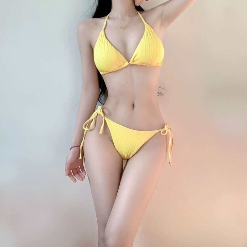 Yellow Color-Enhancing Halter Neck Tie-Up Spicy Bikini Swimsuit for Women, Korean Three-Piece Style for Hot Springs, Vacation, Beach, Cross-Border
