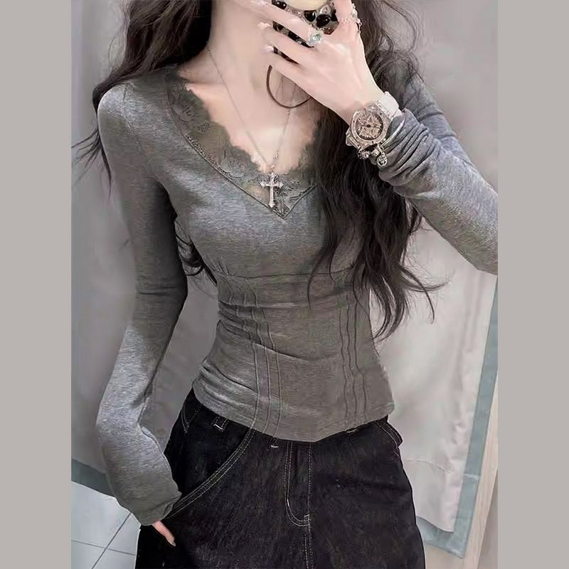 Pure Desire Hot Girl Gray Back Lace V Neck Long Sleeve T-Shirt Women's Spring Inner Layering Shirt Unique Chic Top Trendy Pure Desire Hot Girl Gray Back Lace V Neck Long Sleeve T-Shirt Women's Spring Inner Layering Shirt Unique Chic Top Trendy