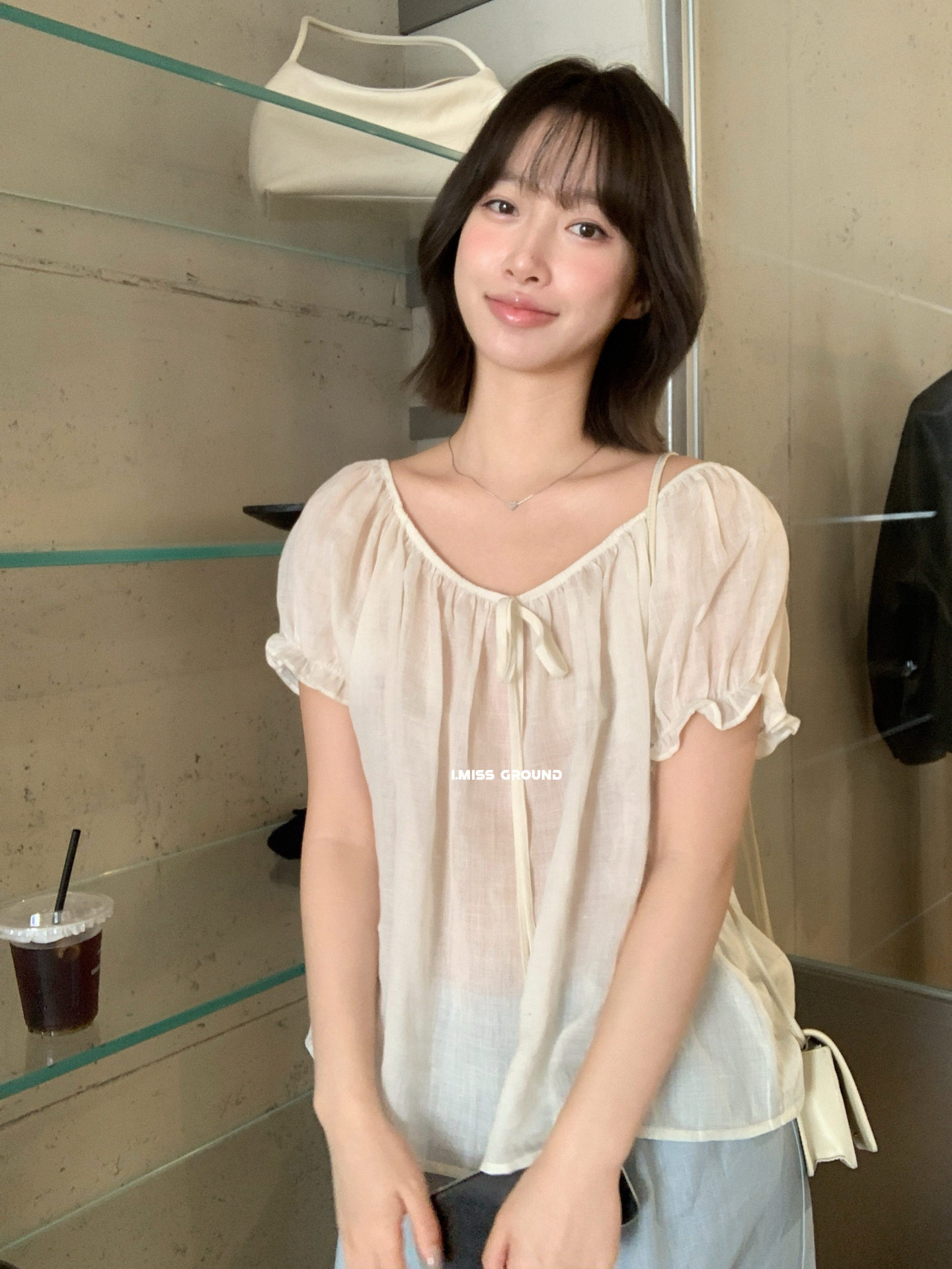 Áo sơ mi nữ tay bồng dây rút chất liệu ramie phong cách Pháp — xanh đậm, màu hồng, Xanh nước, ngọc trai trắng chi tiết 23