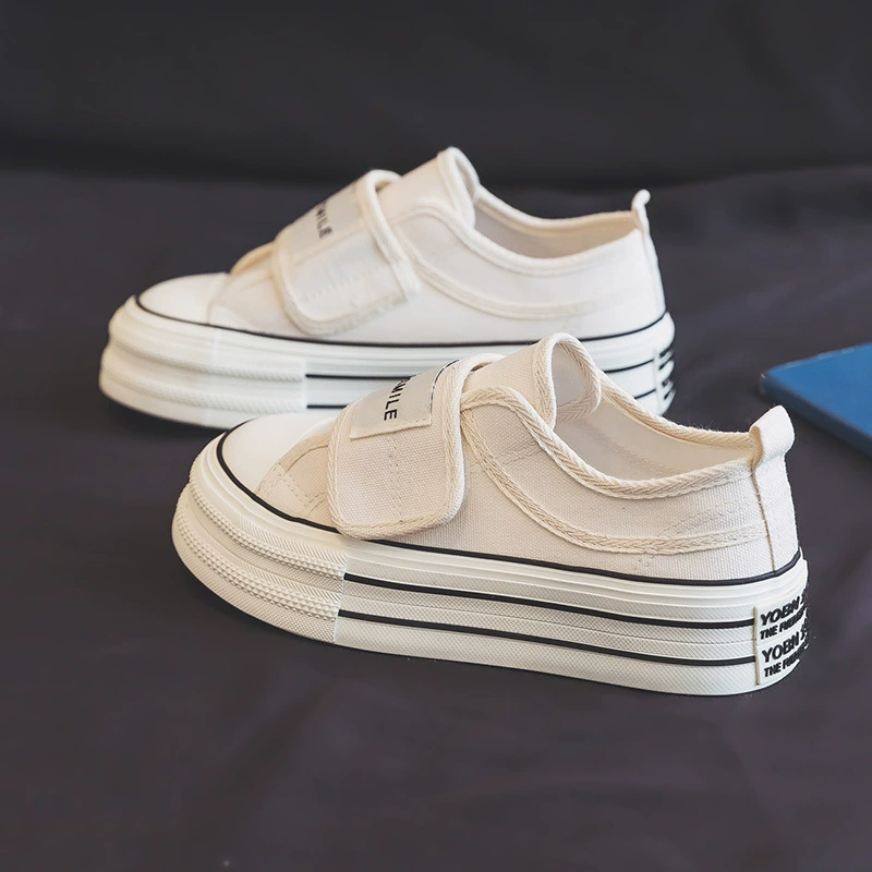 В наличии белые парусиновые туфли на платформе на липучке для женщин 2023 новые универсальные Ретро туфли для увеличения роста кексов H1032