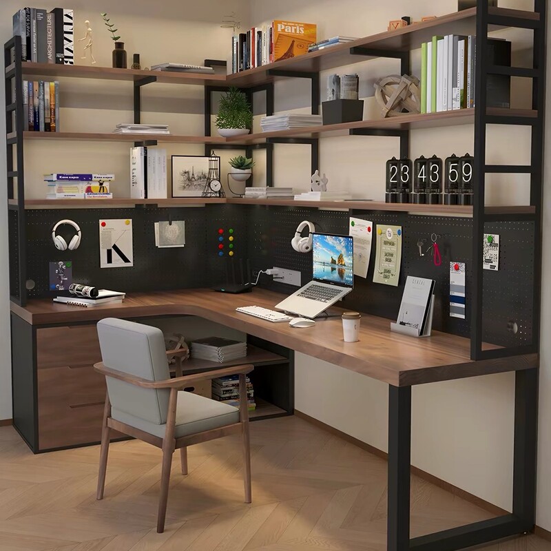 Corner desk with bookcase, wall-mounted solid wood computer desk and bookshelf combination, corner double L-shaped study desk Corner desk with bookcase, wall-mounted solid wood computer desk and bookshelf combination, corner double L-shaped study desk